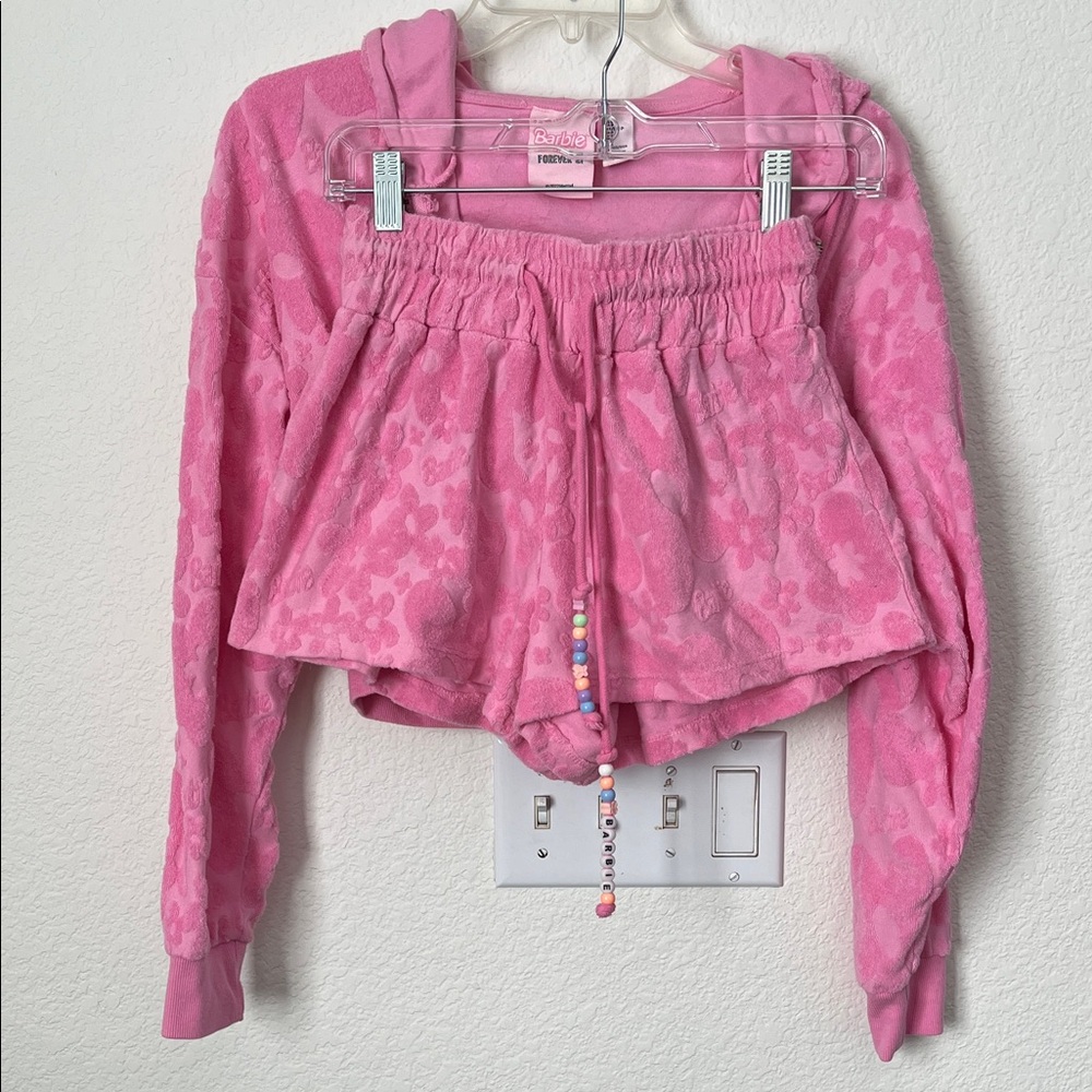 Barbie Pink Plush Hoodie & Shorts Set with Bead Drawstring